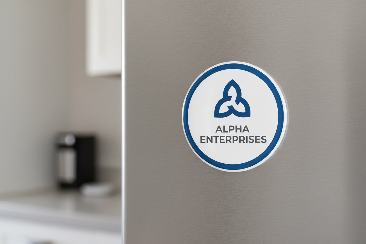 4 inch circular car magnet with business logo on fridge